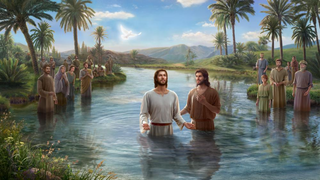 a group of people standing next to a palm tree and water jigsaw puzzle