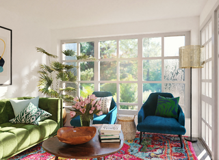 a living room filled with furniture and a large window jigsaw puzzle