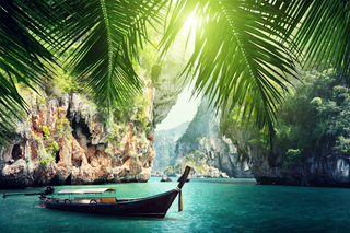 a small boat in a body of water next to a palm tree jigsaw puzzle