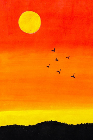 a flock of seagulls flying in the sky at sunset jigsaw puzzle