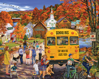 a group of people standing around a bus jigsaw puzzle