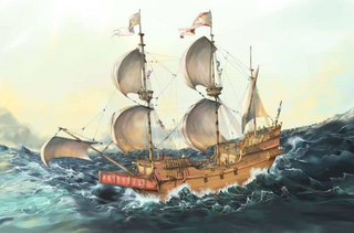 a large ship in the water with Golden Hind in the background jigsaw puzzle