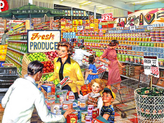 a group of people standing in front of a store jigsaw puzzle