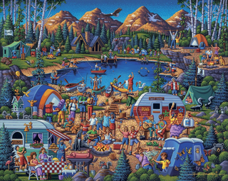 a crowd of people watching a colorful umbrella jigsaw puzzle