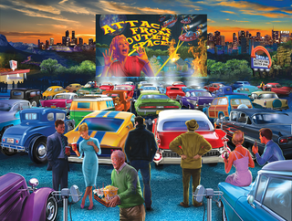 a group of people sitting around a car jigsaw puzzle