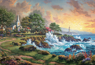 a group of people standing next to a body of water jigsaw puzzle