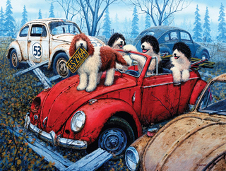 a group of stuffed animals sitting on top of a car jigsaw puzzle